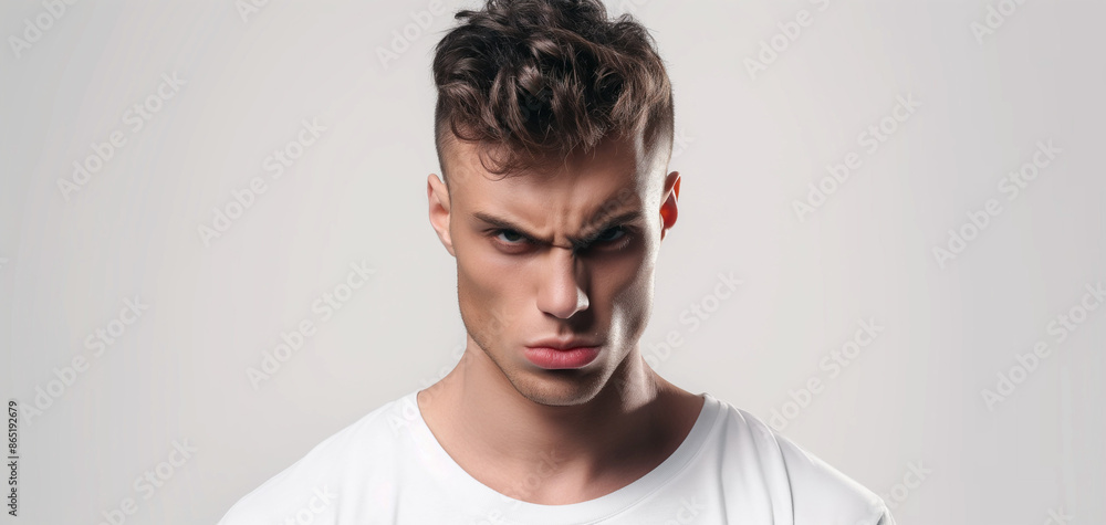 Obraz premium portrait of young beautiful man with angry expression, isolated on red and white backgrounds