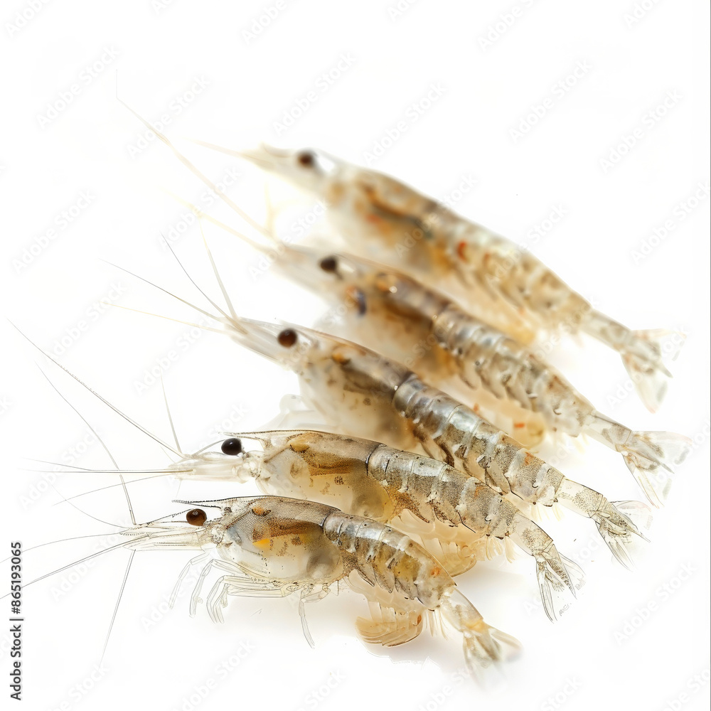 A group of tiny shrimp with transparent bodies, isolated on white background A group of tiny shrimp with transparent bodies, isolated on white background