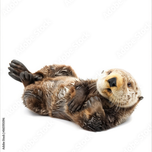 A playful sea otter floating on its back, isolated on white background © wolfhound911