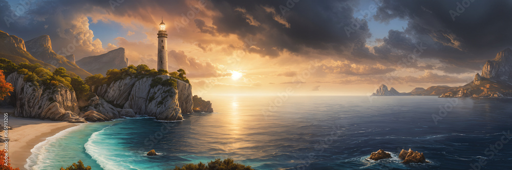 A serene coastal scene at sunset, with a lighthouse on the cliff overlooking the ocean. A serene coastal scene at sunset, with a lighthouse on the cliff overlooking the ocean.
