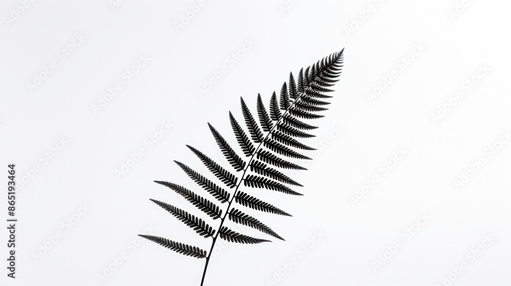 A high-contrast black and white image of a lone fern frond, its stark silhouette against a pure white backdrop emphasizing its intricate details A high-contrast black and white image of a lone fern frond, its stark silhouette against a pure white backdrop emphasizing its intricate details