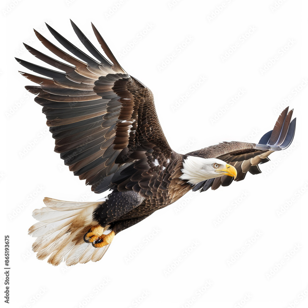 A majestic bald eagle in flight with wings fully spread, sharp eyes focused forward, isolated on white background. A majestic bald eagle in flight with wings fully spread, sharp eyes focused forward, isolated on white background.