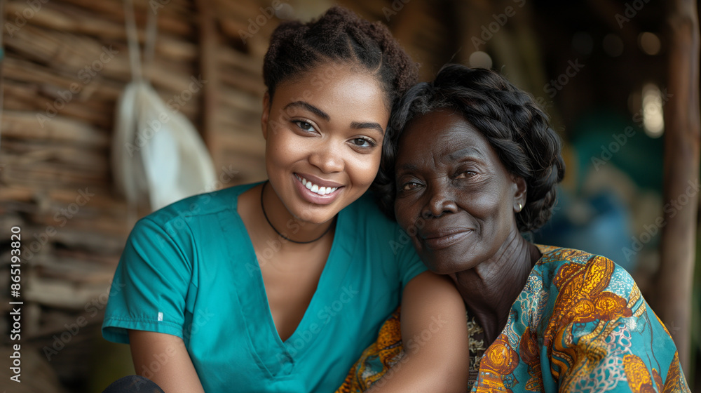 Tender Embrace: Compassionate Black-skinned Nurse Girl Hugging Her Granma with Affection and Care in a Heartwarming Moment of Generational Love and Support. Tender Embrace: Compassionate Black-skinned Nurse Girl Hugging Her Granma with Affection and Care in a Heartwarming Moment of Generational Love and Support.