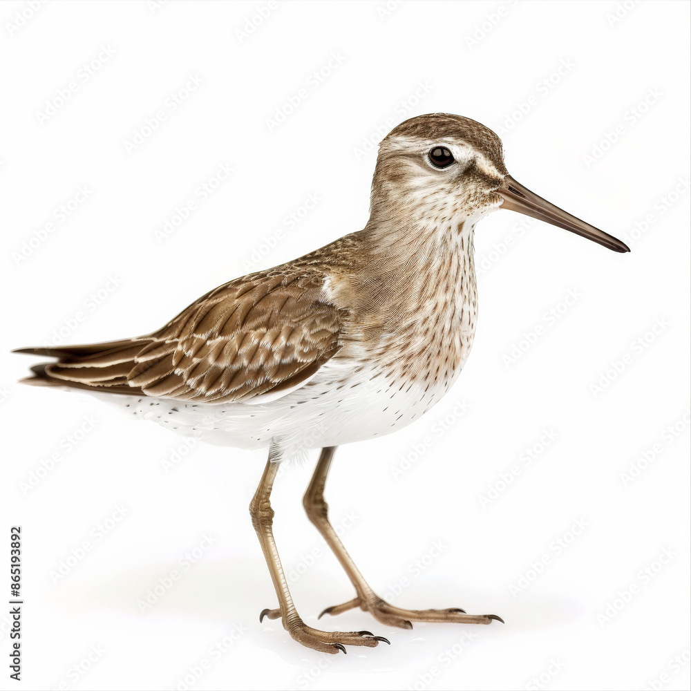 A delicate sandpiper foraging along the shoreline, its slender legs and long bill in search of food, isolated on white background. A delicate sandpiper foraging along the shoreline, its slender legs and long bill in search of food, isolated on white background.