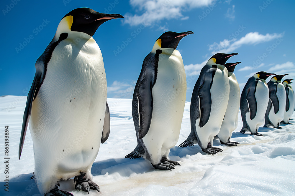 Fototapeta premium Emperor Penguins Standing in Line on Snow