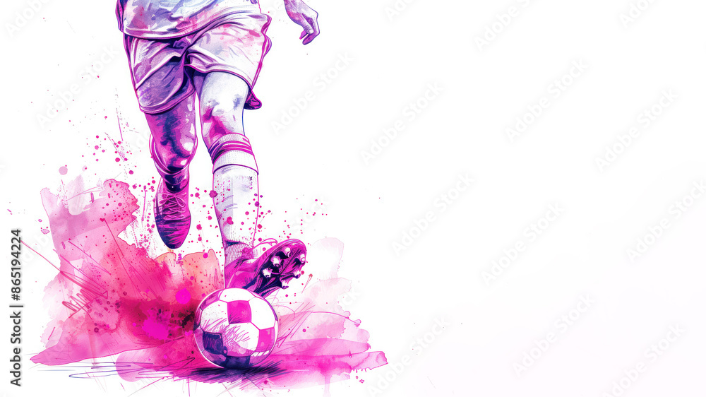 Obraz premium Pink watercolor of a soccer football player's leg kicking ball at game
