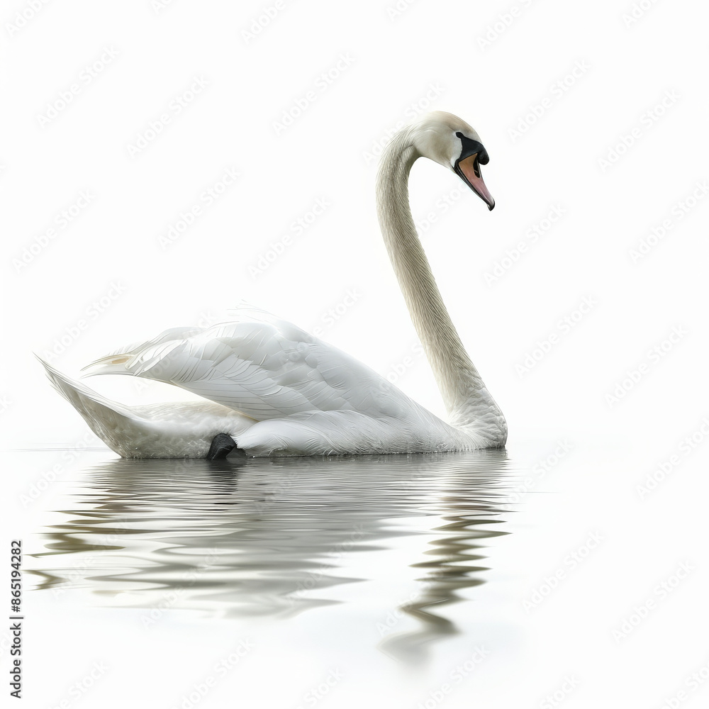 A graceful mute swan gliding smoothly on water, its long neck curved elegantly, isolated on white background. A graceful mute swan gliding smoothly on water, its long neck curved elegantly, isolated on white background.