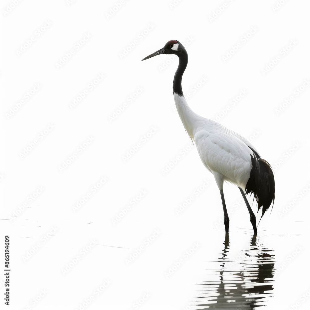 A majestic crane standing gracefully in shallow water, its long legs and neck poised elegantly, isolated on white background. A majestic crane standing gracefully in shallow water, its long legs and neck poised elegantly, isolated on white background.