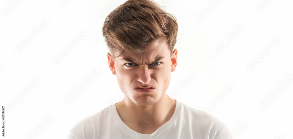 portrait of young beautiful man with angry expression, isolated on red and white backgrounds portrait of young beautiful man with angry expression, isolated on red and white backgrounds