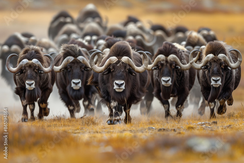 Herd of Musk Oxen Running in Wilderness photo