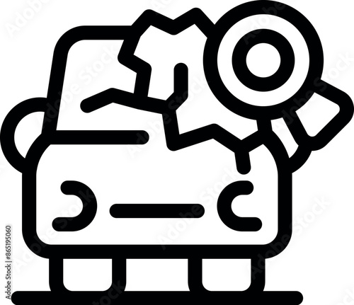 Car insurance investigator is inspecting a damaged vehicle with a magnifying glass to assess the damage after a road accident