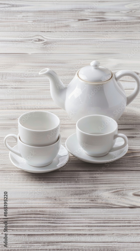 Close-up of two white teacups and teapot on a white wooden table. Textured design. Coffee beans scattered around them Close-up of two white teacups and teapot on a white wooden table. Textured design. Coffee beans scattered around them
