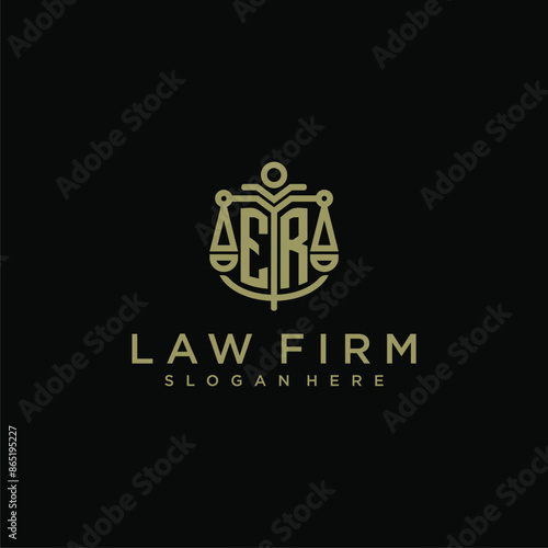 ER initial monogram logo for lawfirm with scale vector design