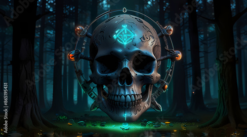 Mystical Skull: Illustration of a skull surrounded by glowing runes and mystical symbols, with a dark, enchanted forest in the background