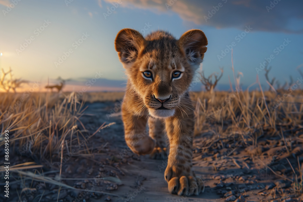 Obraz premium Close-up of Lion Cub in African Savannah Sunset