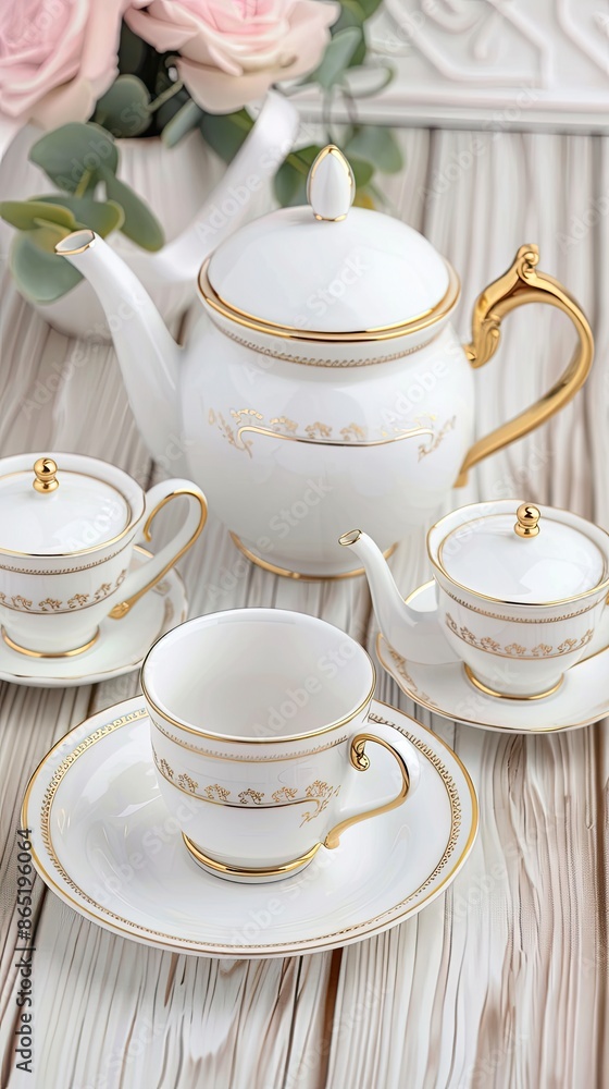 Close-up of two white teacups and teapot on a white wooden table. Textured design. Coffee beans scattered around them Close-up of two white teacups and teapot on a white wooden table. Textured design. Coffee beans scattered around them