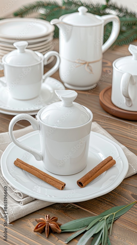 Close-up of two white teacups and teapot on a white wooden table. Textured design. Coffee beans scattered around them Close-up of two white teacups and teapot on a white wooden table. Textured design. Coffee beans scattered around them