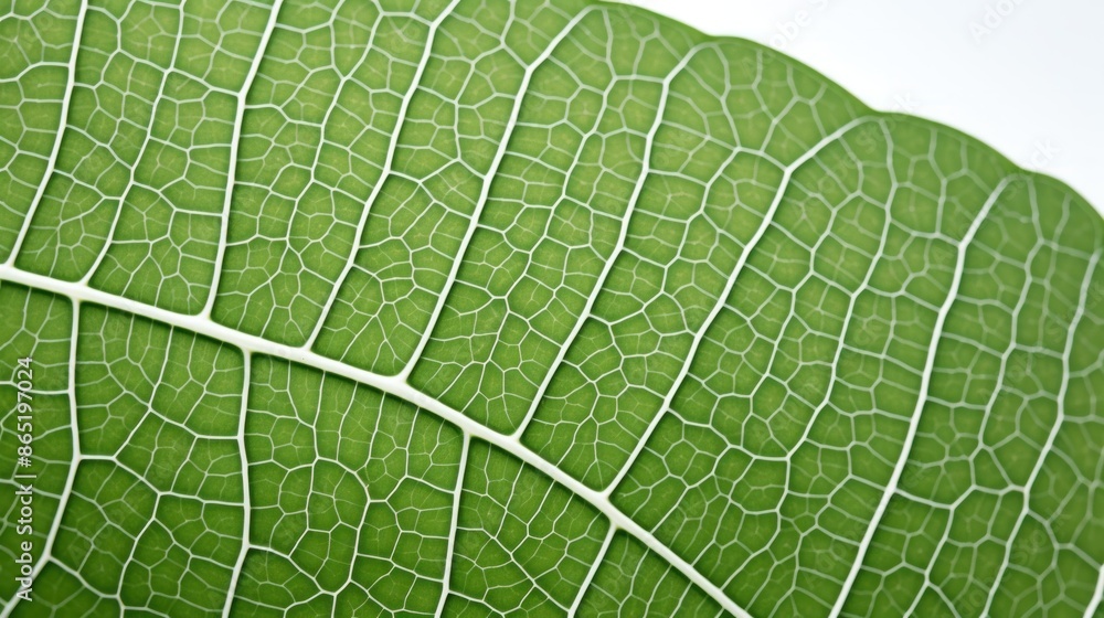 A macro photograph of a green leaf, revealing the intricate details of its veins and stomata, against a stark white background. A macro photograph of a green leaf, revealing the intricate details of its veins and stomata, against a stark white background.