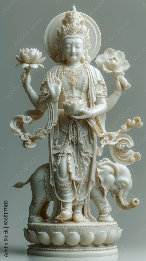 Chinese Statue of Samantabhadra Bodhisattva Holding Lotus Flower on Elephant Chinese Statue of Samantabhadra Bodhisattva Holding Lotus Flower on Elephant