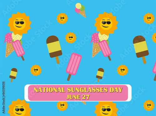 National Sunglasses Day on June 27 with a print of suns and ice cream on a blue background, with text