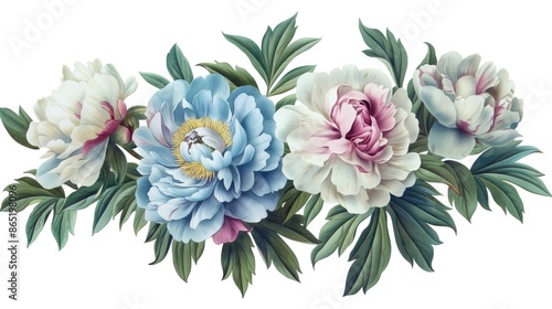Fototapeta Naklejka Na Ścianę i Meble -  Pastel vintage light blue, pink and white peonies with green leaves on white background for textile and advertising purposes. AI generated floral background.