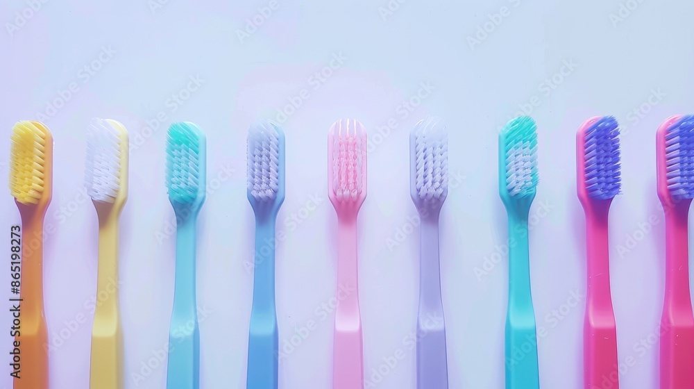 High quality arrangement of colorful toothbrushes against a white backdrop High quality arrangement of colorful toothbrushes against a white backdrop