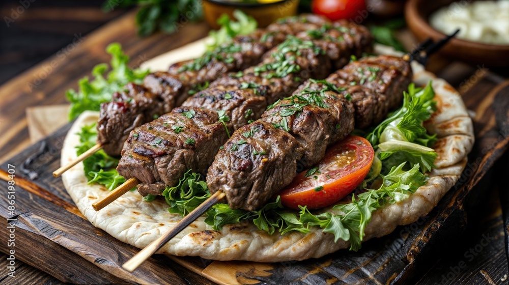 Close-up of Greek lamb kebabs with lettuce and tomato on pita bread Close-up of Greek lamb kebabs with lettuce and tomato on pita bread