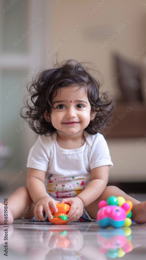 Cute little baby girl sitting in toy room Cute little baby girl sitting in toy room