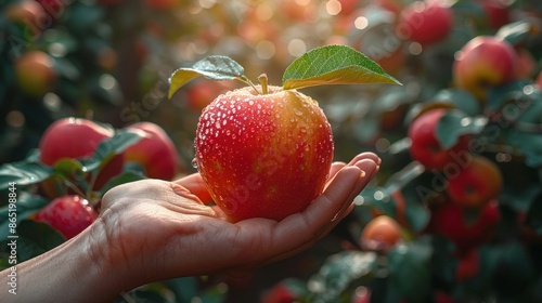 Close up the hand holding the forbidden fruit, it looks so healthy, juicy and tempting. Like the apple offered by Eve to Adam in the Garden of Eden. photo