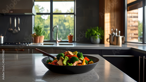 Background featuring a veggie stir-fry with bell peppers, broccoli, snap peas, and tofu in a sizzling pan, with a backdrop of a modern kitchen with fresh ingredients on the counter.