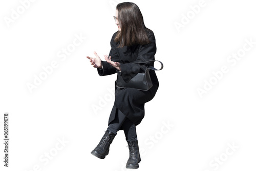 A woman in black coat in sitting pose isolated