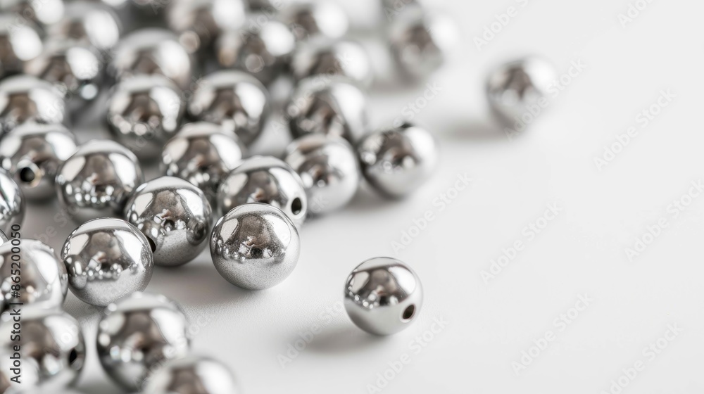 Metal beads on white background with selective focus and space for text Metal beads on white background with selective focus and space for text