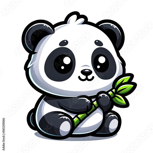 cute panda sitting and holding bamboo stick leaves sticker outline design isolated on png transparent background
