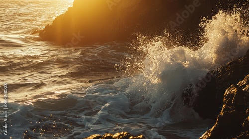 Beautiful sunset over the ocean, waves crashing against the beach and rocks