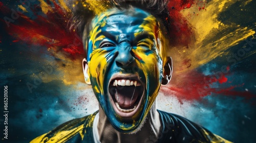 A passionate soccer fan painted in the colors of their team, their face contorted in a mix of excitement and anticipation, photo