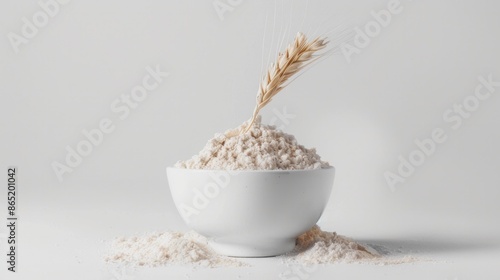 A photo of a single psyllium husk fiber gracefully arching out of a mound of psyllium husk powder in a white bowl,