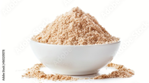 A photo of a single psyllium husk fiber gracefully arching out of a mound of psyllium husk powder in a white bowl,