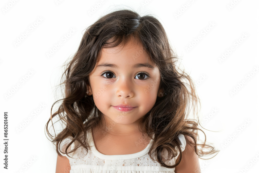 Adorable Hispanic preschool-aged girl with a confident look, facing the camera, isolated on white background. Adorable Hispanic preschool-aged girl with a confident look, facing the camera, isolated on white background.