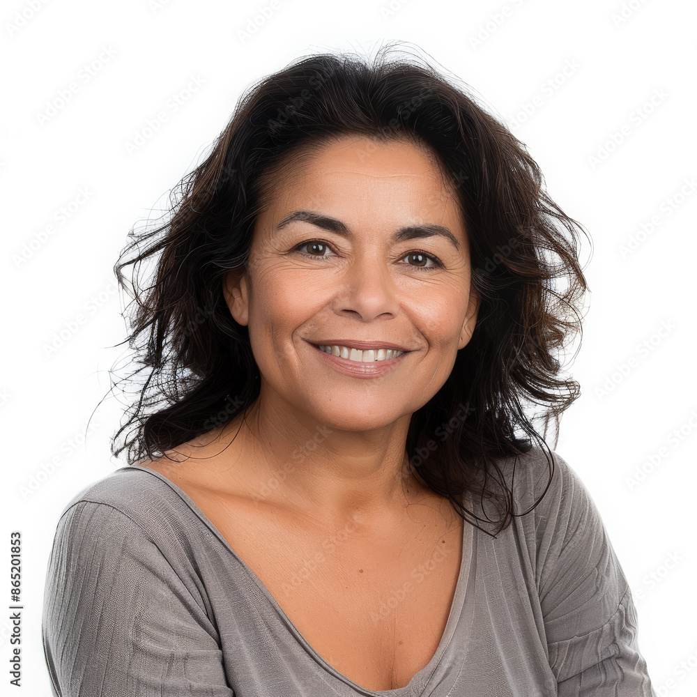 Beautiful mid aged mature Latin woman with a radiant smile, looking into the camera, isolated on white background. Beautiful mid aged mature Latin woman with a radiant smile, looking into the camera, isolated on white background.