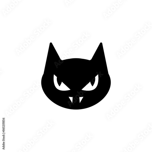 Head of a angry wicked black cat with fangs. Isolated vector illustration. Front view.