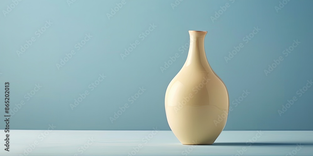 Minimalist beige ceramic vase on blue background with copy space. Concept of home decor, simplicity, and elegance Minimalist beige ceramic vase on blue background with copy space. Concept of home decor, simplicity, and elegance