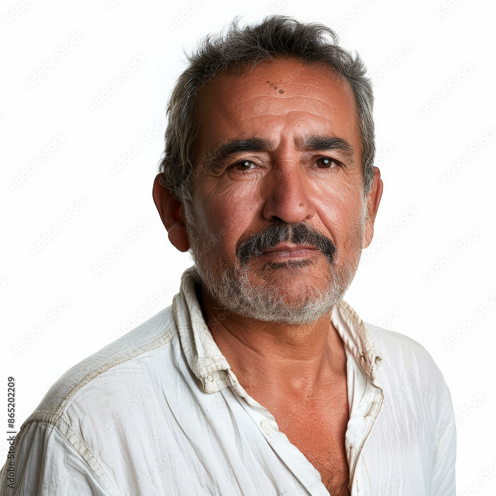 Distinguished mid aged mature Latin man with a warm expression, looking into the camera, isolated on white background. Distinguished mid aged mature Latin man with a warm expression, looking into the camera, isolated on white background.