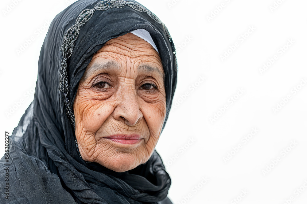 Elegant elderly Arabian woman with striking features, looking at the camera, isolated on white background. Elegant elderly Arabian woman with striking features, looking at the camera, isolated on white background.