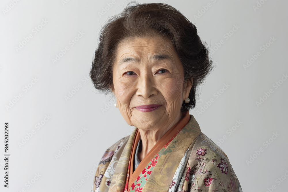 Elegant elderly Japanese woman with a kind smile, looking at the camera, isolated on white background. Elegant elderly Japanese woman with a kind smile, looking at the camera, isolated on white background.