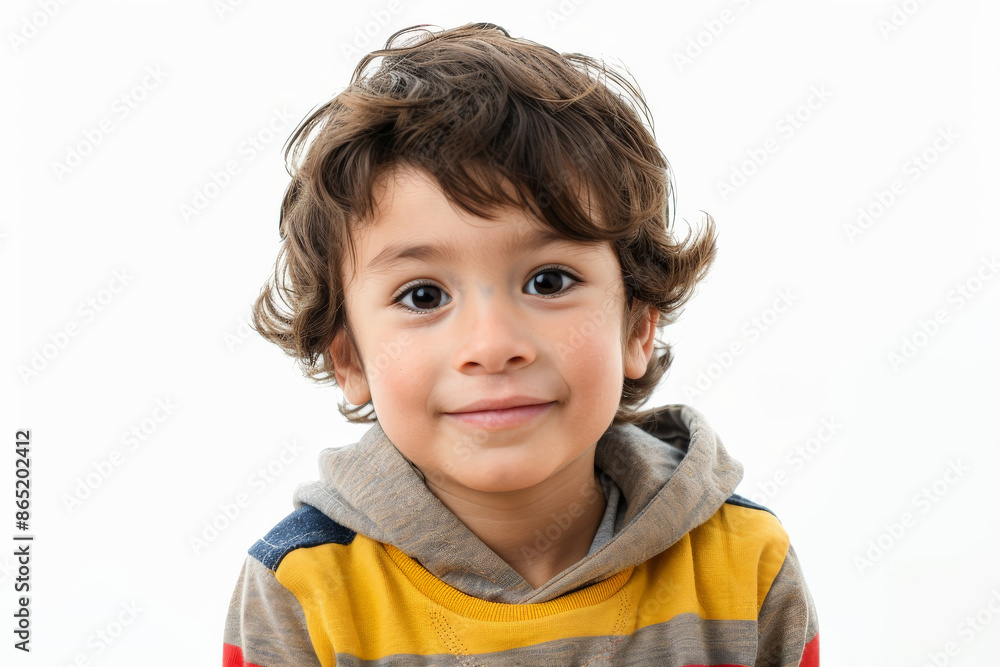 Energetic Latin preschool-aged boy with a warm expression, looking into the camera, isolated on white background. Energetic Latin preschool-aged boy with a warm expression, looking into the camera, isolated on white background.