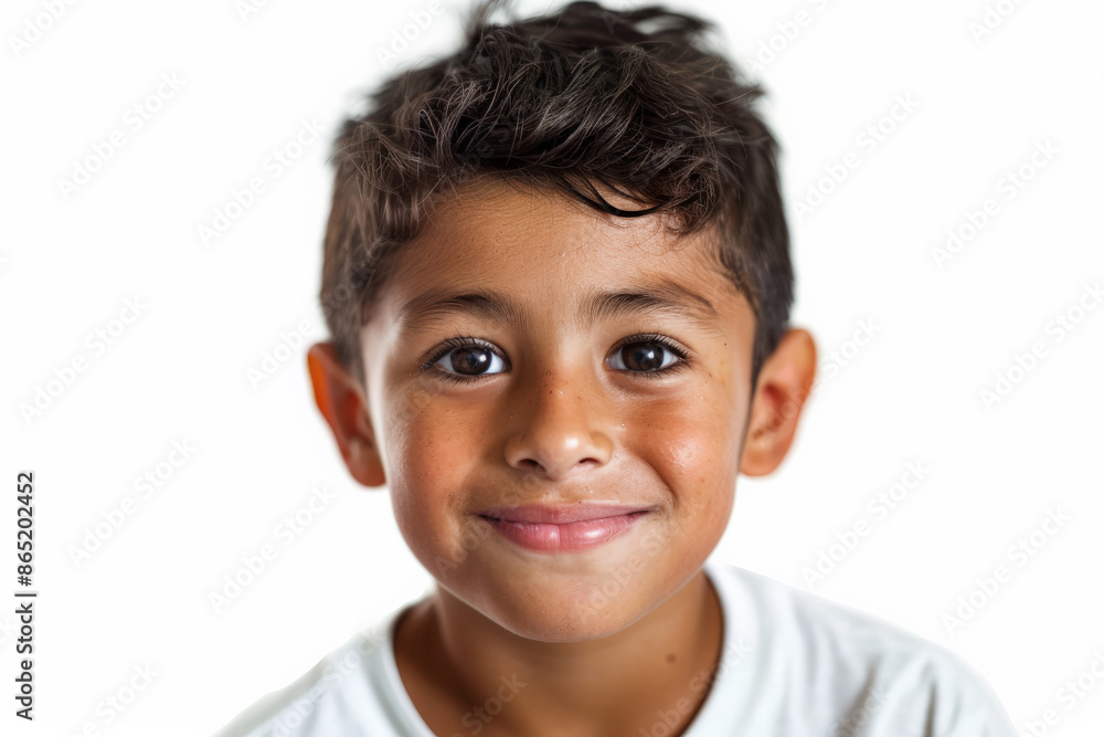 Energetic Latin school-aged boy with a warm expression, looking into the camera, isolated on white background. Energetic Latin school-aged boy with a warm expression, looking into the camera, isolated on white background.