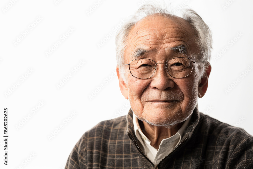 Handsome elderly Japanese man with an inviting smile, looking at the camera, isolated on white background. Handsome elderly Japanese man with an inviting smile, looking at the camera, isolated on white background.