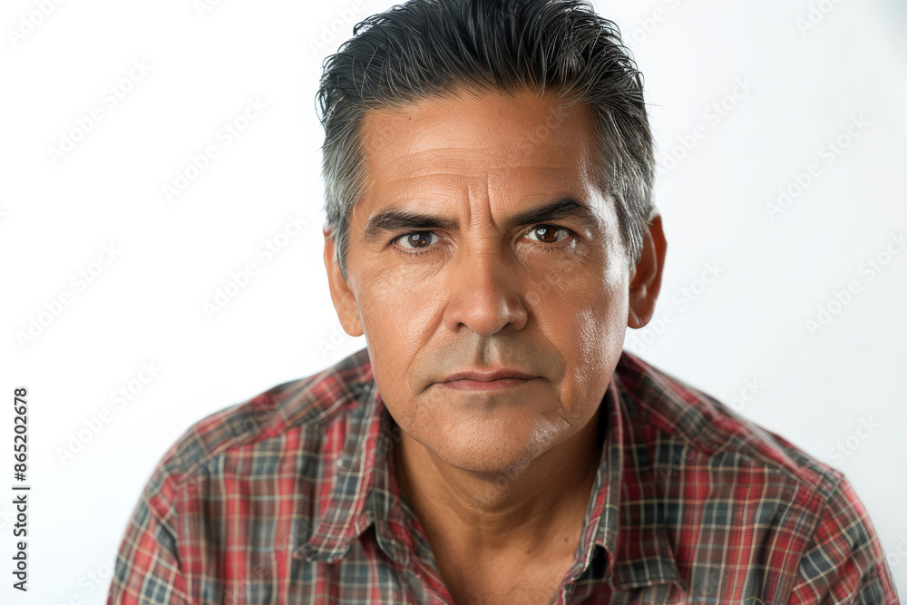 Handsome mid aged mature Hispanic man with expressive eyes, facing the camera, isolated on white background. Handsome mid aged mature Hispanic man with expressive eyes, facing the camera, isolated on white background.