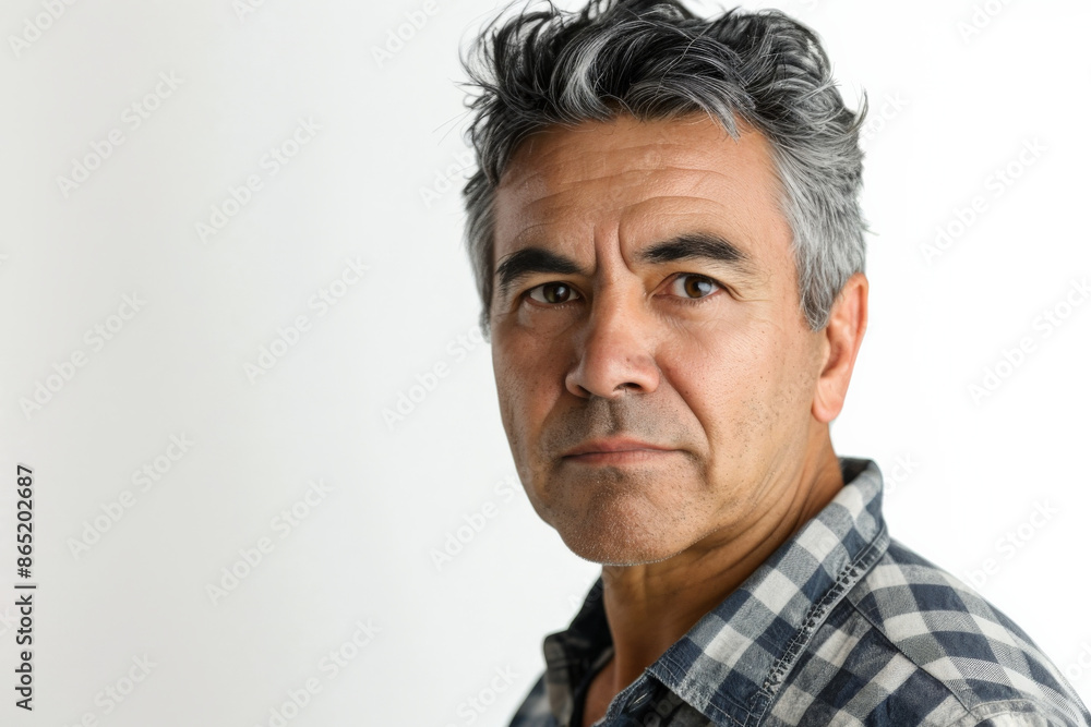 Handsome mid aged mature Hispanic man with expressive eyes, facing the camera, isolated on white background. Handsome mid aged mature Hispanic man with expressive eyes, facing the camera, isolated on white background.