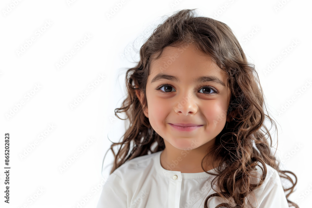 Lovely Arabian preschool-aged girl with a kind smile, looking at the camera, isolated on white background. Lovely Arabian preschool-aged girl with a kind smile, looking at the camera, isolated on white background.